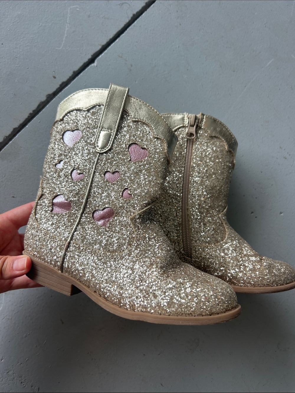 Cat & Jack Girls' Glitter Heart Western Boots - Gold with Pink Hearts